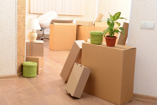 Packed moving boxes ready for flat removals in Wallington